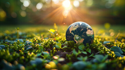 Earth Day Celebration Featuring a Small Globe Amidst Greenery During a Radiant Sunset