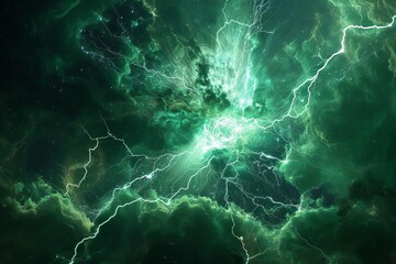explosive supernova remnant in vibrant green cosmic nebula with lightning bolts abstract digital art