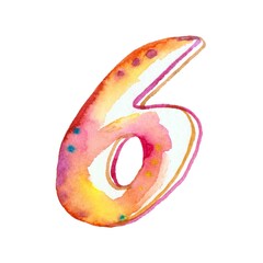 A colorful rainbow yellow-pink watercolor number 6 on a white background