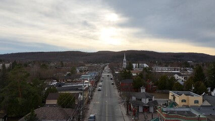 Flight over the famous village of Mont Tremblant in Quebec Canada aerial view - travel photography by drone