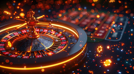 Glowing Casino Roulette Surrounded by Neon Lights