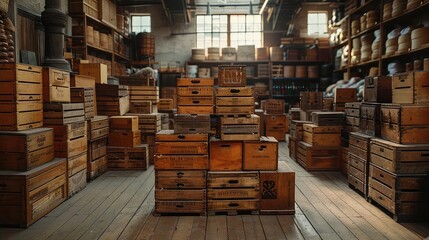 A large warehouse filled with wooden crates stacked high, sunlight streaming in through the windows.