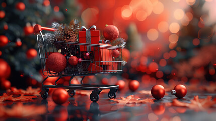 Shopping Cart Filled With Christmas Presents on Table