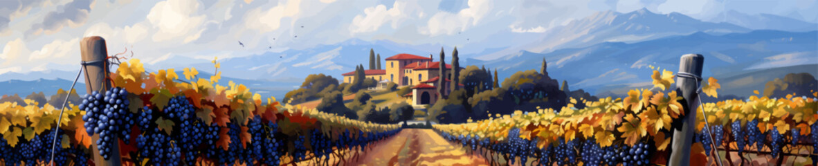 Grapes vineyard grapevines in the foreground and a classic villa among rolling hills generative ai vector illustration.