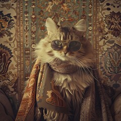 A cat with gold wireframe glasses, slight tinting to the lenses, scarf and tapestry.