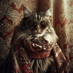 A cat with wireframe glasses, darker tinting on the lenses, scarf and tapestry.