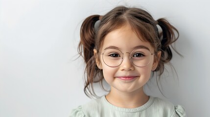 Portrait of a Smiling Young Girl with Glasses. Cute Child with Pigtails in a Casual Style Photo. High-Quality Stock Image. AI