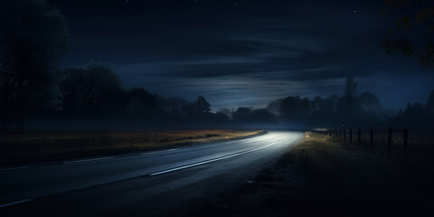 Fototapeta premium Night Sky Over Quiet Country Road. Night Landscape With Glowing Road Under Dark Sky. Generative AI
