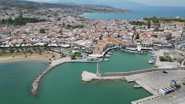 Aerial view. Rethymno town on the island of Crete. The historical part of the city and the port.