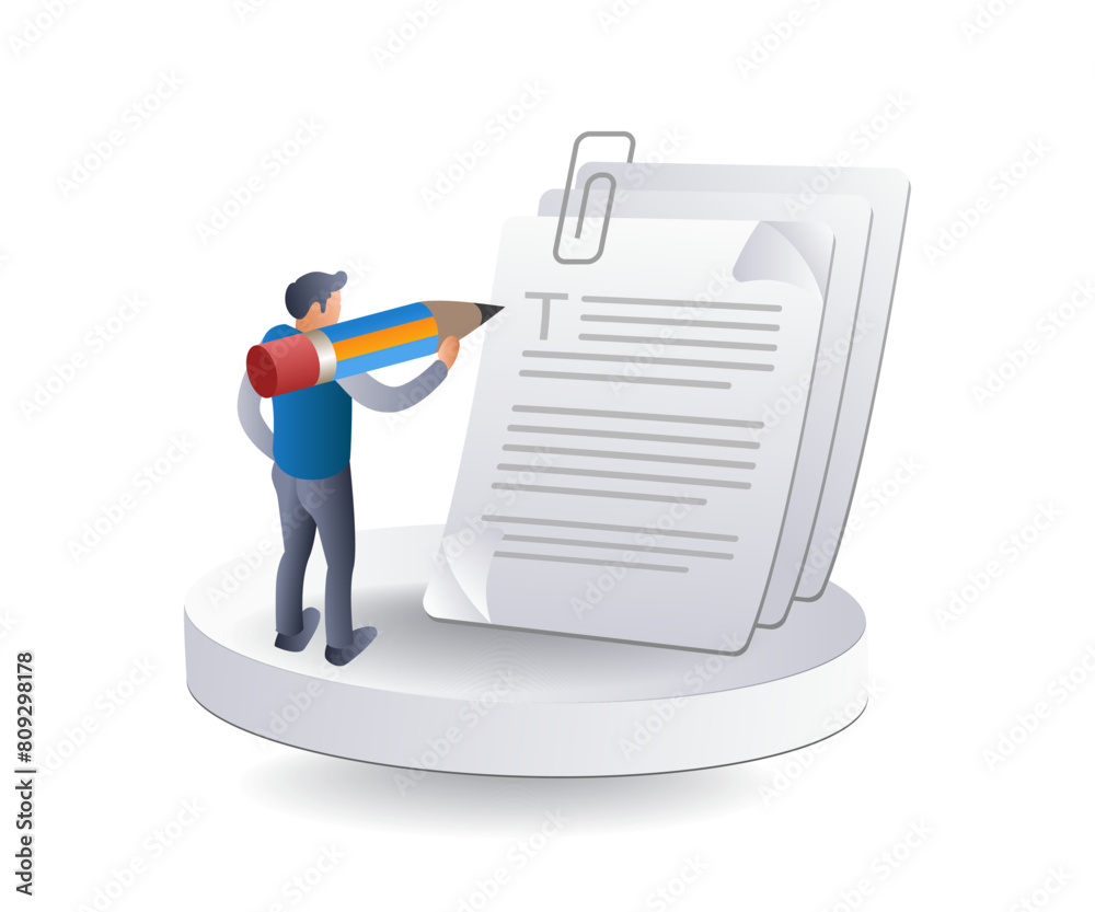Aufkleber writing on paper infographic illustration 3d flat isometric