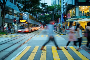 blurred motion of people crossing pedestrian street in singapore urban life