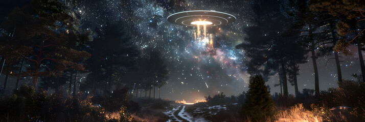 Unidentified Flying Object Hovering over Nocturnal Forest Pathway: A Mysterious Night Time View