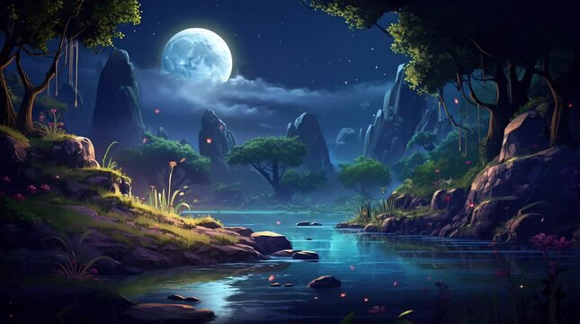 Enchanting fantasy forest by the moonlit lake. Tranquil night scene with mystical ambiance.
Seamless looping 4k time-lapse virtual video animation background. Generated AI