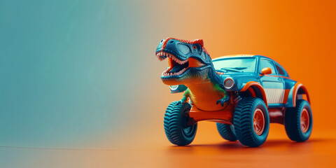 The image shows a cartoon dinosaur car with big wheels.