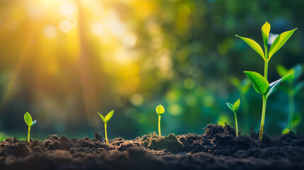 Young agriculture plant seeding growing step concept in garden and sunlight