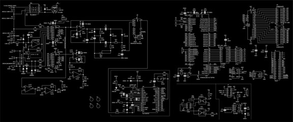 Schematic diagram of electronic device. Vector drawing electrical circuit with  integrated circuit, microcontroller, resistor, capacitor, operational amplifier, other components on paper sheet. © TKalinovskaya