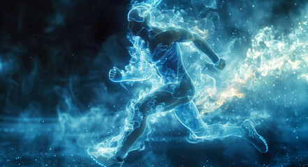 A dynamic, glowing figure running with a trail of blue light particles.