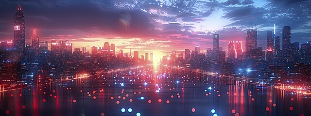 City of Digital Dreams - Sharp blue and red lights across a tech city skyline, showcasing modernity and motion.