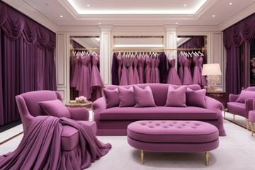 Luxurious mauve boutique interior design with sofa, armchair, clothing rack, and plush purple carpet. Modern style with clean lines and simple furniture. Mauve color creates a warm, inviting atmospher