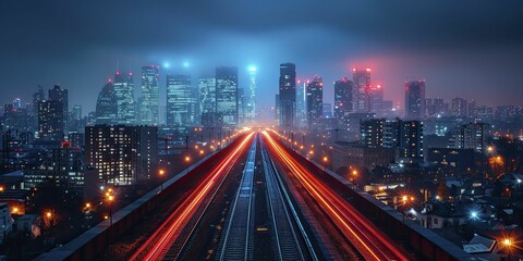 In the fast-paced City of Light and Speed, vibrant red and blue streaks illuminate the bustling urban landscape, revealing a web of innovation and energy.