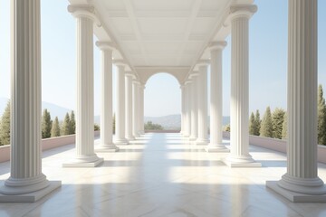 The image shows a long white marble floor with ionic columns on both sides. At the end of the corridor, there is a large arched opening with a view of the landscape outside.