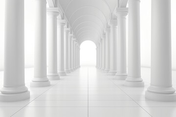 Obraz premium Elegant White Classic Interior with Columns, Tiled Floor, and Ornate Ceiling. Minimalist Design Concept with Symmetry and Modern Style. 3D Rendering for Architectural Visualization