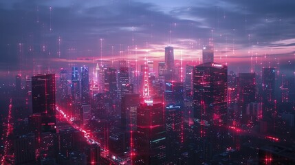 As night falls, the vibrant red and blue lights piercing through the shadows showcase a bustling hub of digital energy in the metropolis.