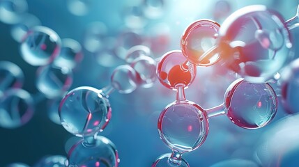 Colorful 3D glass molecules and atoms on a blue background.