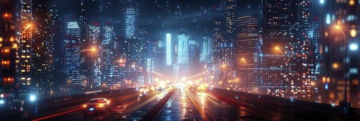 Digital Rush Hour: Luminous data streams crisscrossing among high rises in a futuristic cityscape. - obrazy, fototapety, plakaty