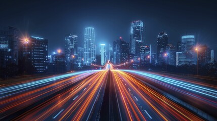 Dynamic Digital Highways - High speed light trails represent data flowing through a futuristic city at night.
