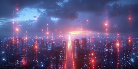 Fototapeta premium In the illuminated cityscape, red and blue lights dance, symbolizing the interconnected nature of technology under the night sky.
