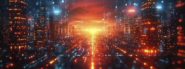 Fototapeta premium Intense red and blue neon lights depict the rapid pace of life in a digitally advanced urban setting.