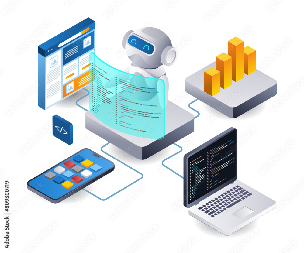 Poster Web developer robot technology application infographic 3d illustration flat isometric