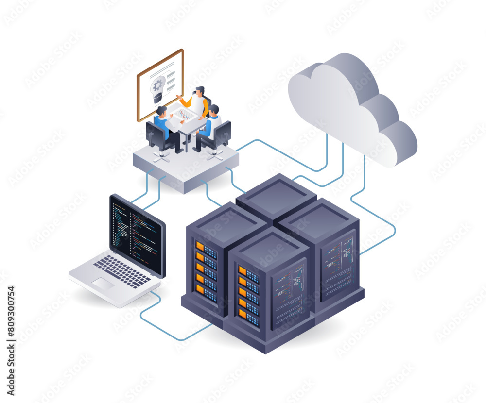 Poster web server application system development team, flat isometric 3d illustration infographic
