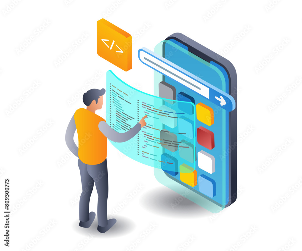Aufkleber Web developer programmer technology application infographic 3d illustration flat isometric