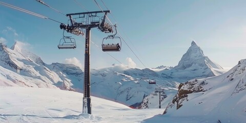 Ski lift is in snow with mountain in background