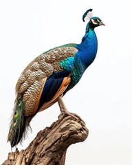 Obraz premium Indian Peafowl standing on small root, portrait view, white copy space on right, Comport, bliss, Full body shot, Front View, 