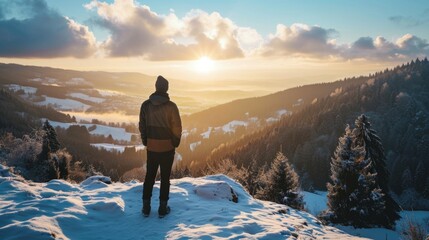 Man stands on snowy hill, looking out at sun - Powered by Adobe