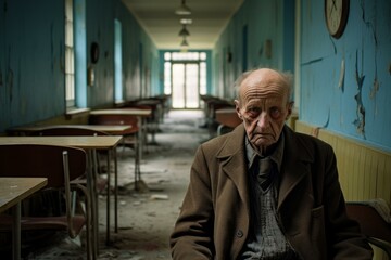 Poignant portrait of an elderly man seated in a dilapidated and deserted classroom setting