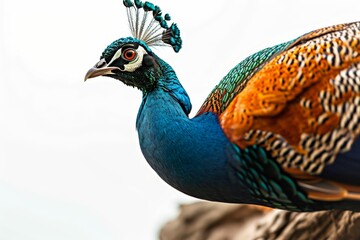 Obraz premium Mystic portrait of Indian Peafowl standing in small root in studio, 