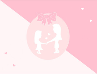 mother and daughter, hearts, shades of pink.