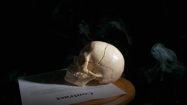 False business contract. A human skull bone stand on the documents on the table against black background. A concept of making mistake in documents.