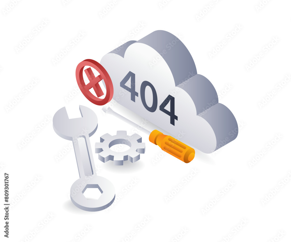 Poster technology system error code 404 repair cloud symbol, flat isometric 3d illustration infographic