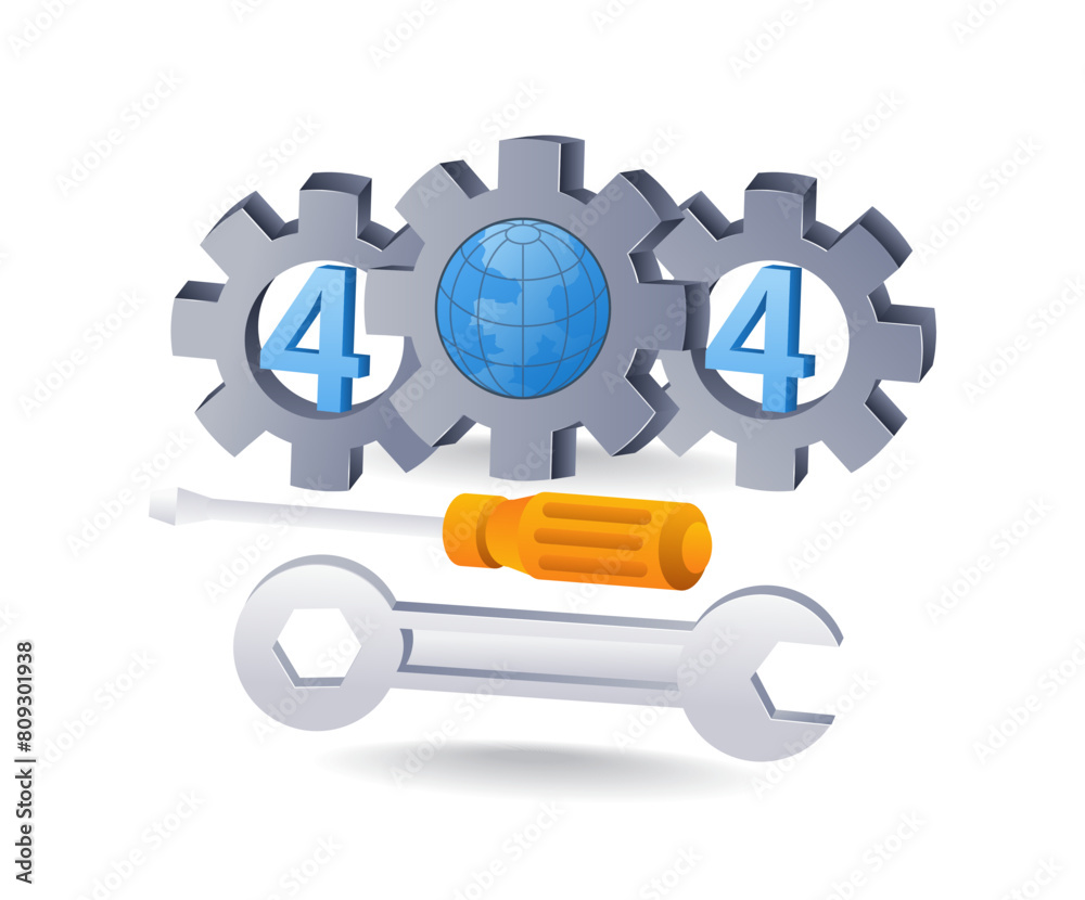 Poster technology system error code 404 error repair gear symbol, infographic 3d illustration flat isometri