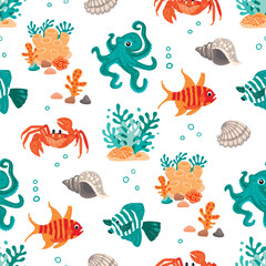 Cartoon seamless pattern with underwater sea animals.Colorful striped fish, octopus, crab, clam shells, corals.Set of ocean reef inhabitants.Vector design for use in backgrounds,wallpaper, fabric.