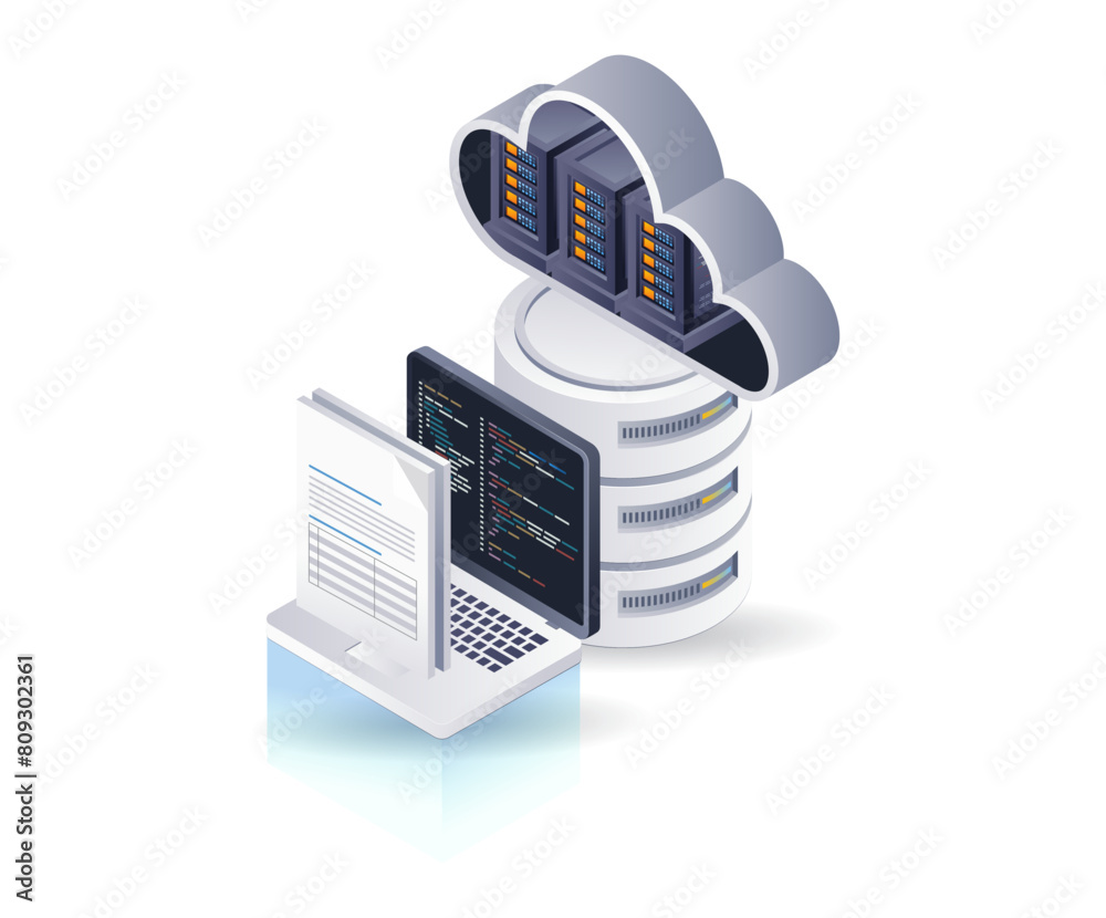 Poster Technology cloud server computer data, isometric flat 3d illustration infographic