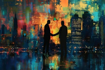 shadowy business agreement silhouetted influential men shake hands dramatic cityscape digital painting