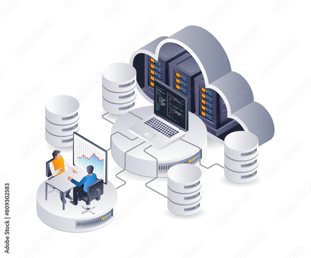 Poster technology cloud server computer analysis management, flat isometric 3d illustration infographic