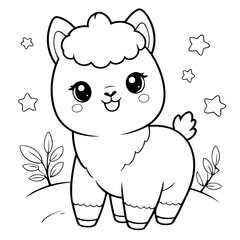 Vector illustration of a cute Alpaca doodle for toddlers colouring page