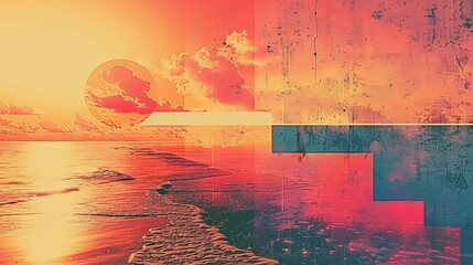 A serene sunset with bright colors and layered geometric shapes creating a surreal effect